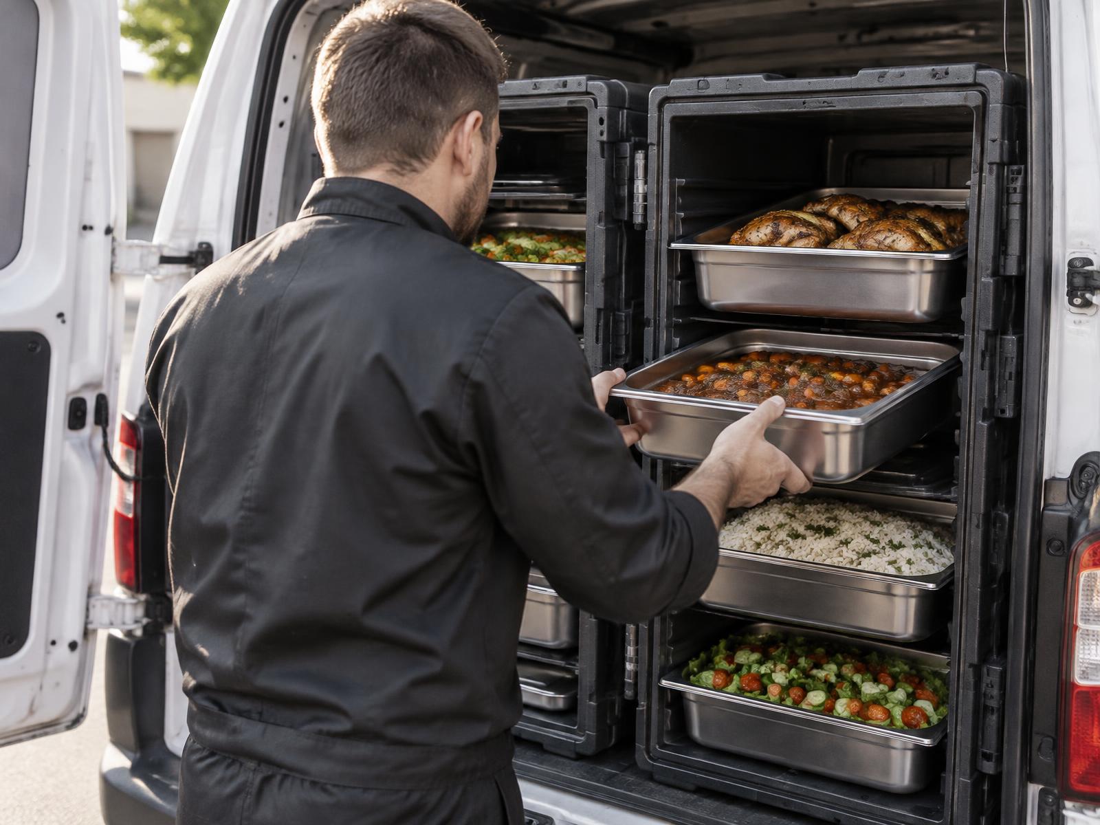 Livraison de repas : bacs de plats chauds chargés dans le fourgon